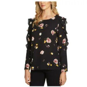 💕 NWT 1.STATE Nordstrom Womens XS Floral Black Preppy Long Sleeve Knit Blouse